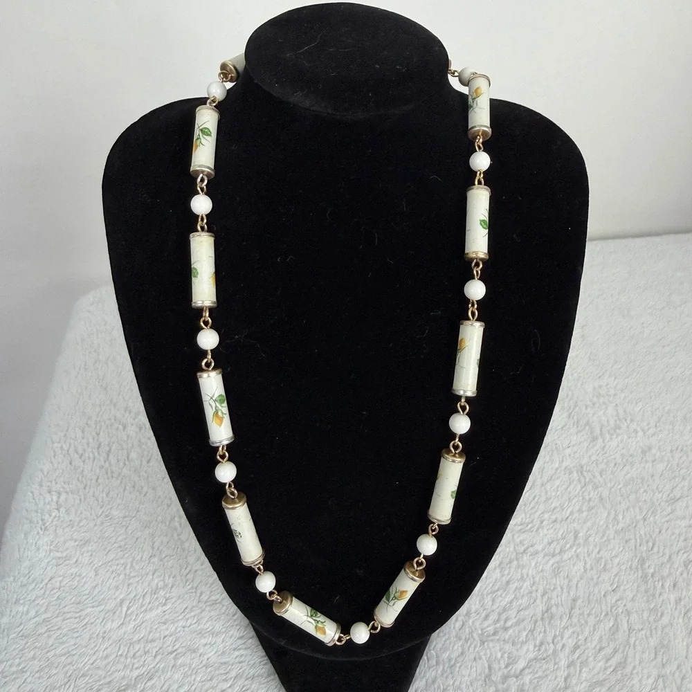 Vintage Floral Porcelain Tube Bead & White Round Bead Long Necklace 38 Inch Gold